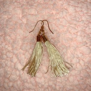 Tan silk and gold fringe earrings